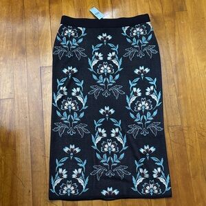 Ann Taylor Black Pencil Skirt with Teal and White Floral Jacquard